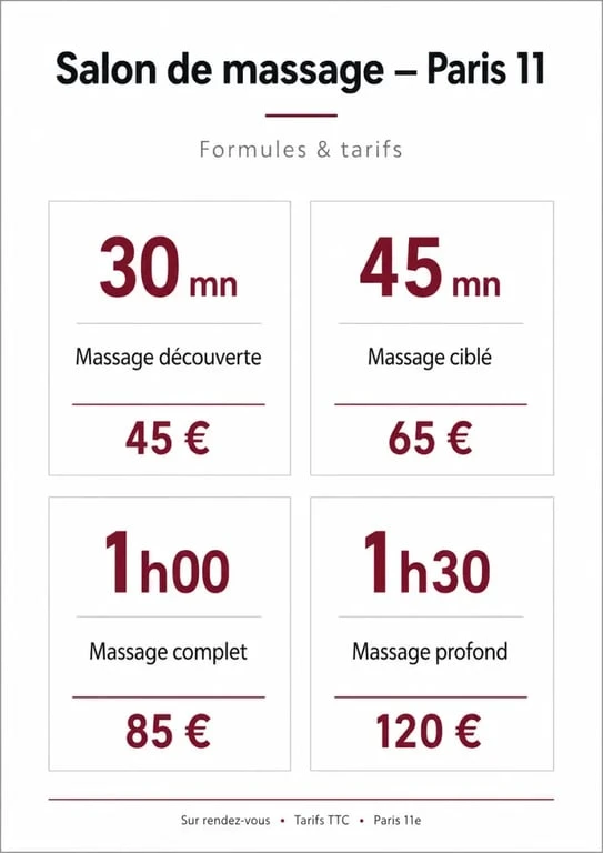 Massage érotique Paris 11 : comparaison visuelle des formules, durées et tarifs