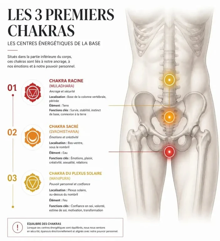 Schéma des trois premiers chakras pour la pratique du tantra rouge à Paris