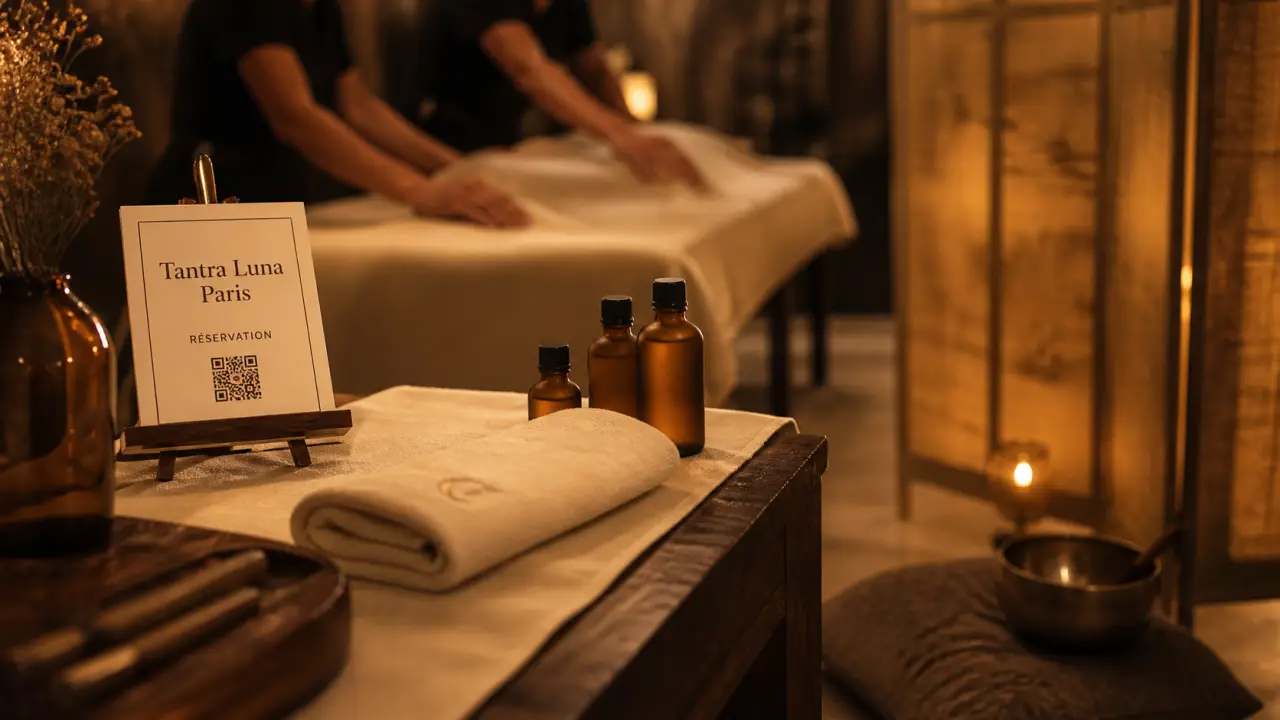 Tantra Luna Paris : table de soin et huiles, ambiance séance à Paris