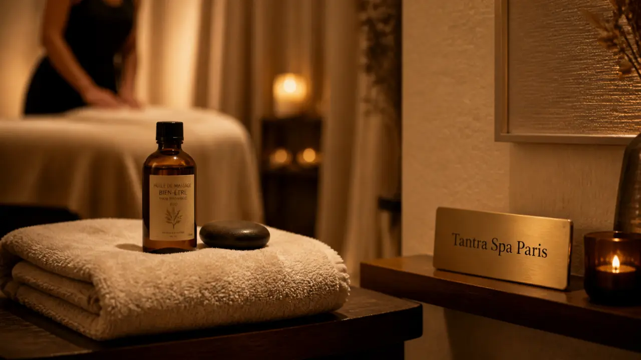 Tantra spa paris : cabine bien-être adulte, serviette, huile et pierre chaude