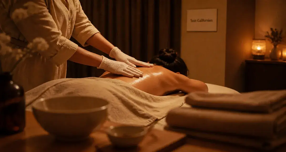 Massage californien Paris 14 en institut, mains gantées et huile chaude
