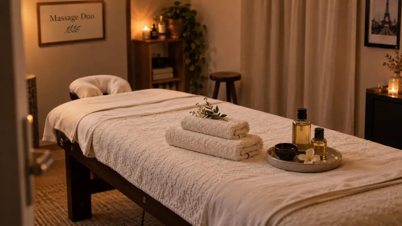 Massage duo Paris 14, cabine de massage avec table et huiles