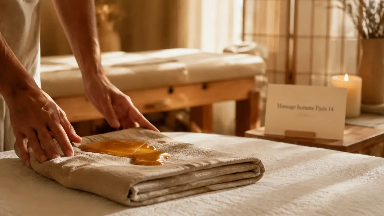 massage homme paris 14, huile de massage ambrée sur serviette en lin