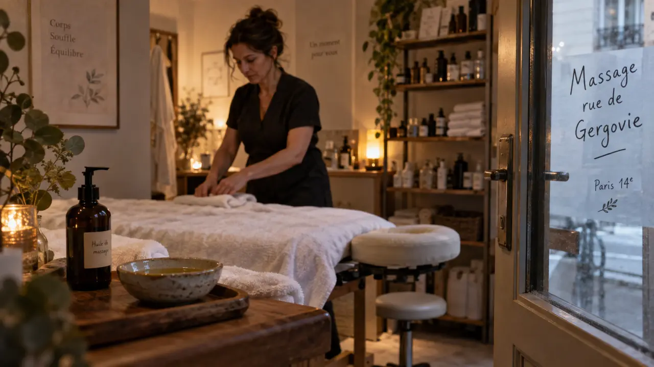 Cabine de massage rue de gergovie Paris 14, table et serviettes