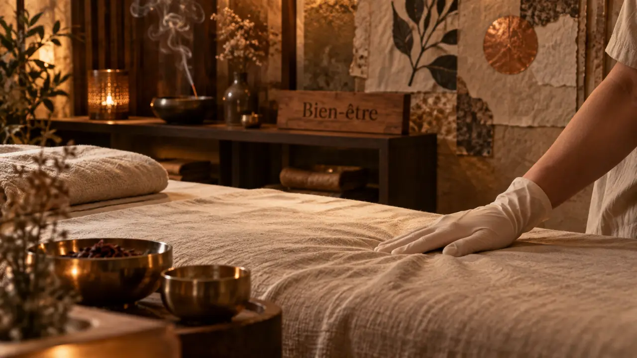 Paris massage tantrique : table de massage et bols, ambiance bien-être